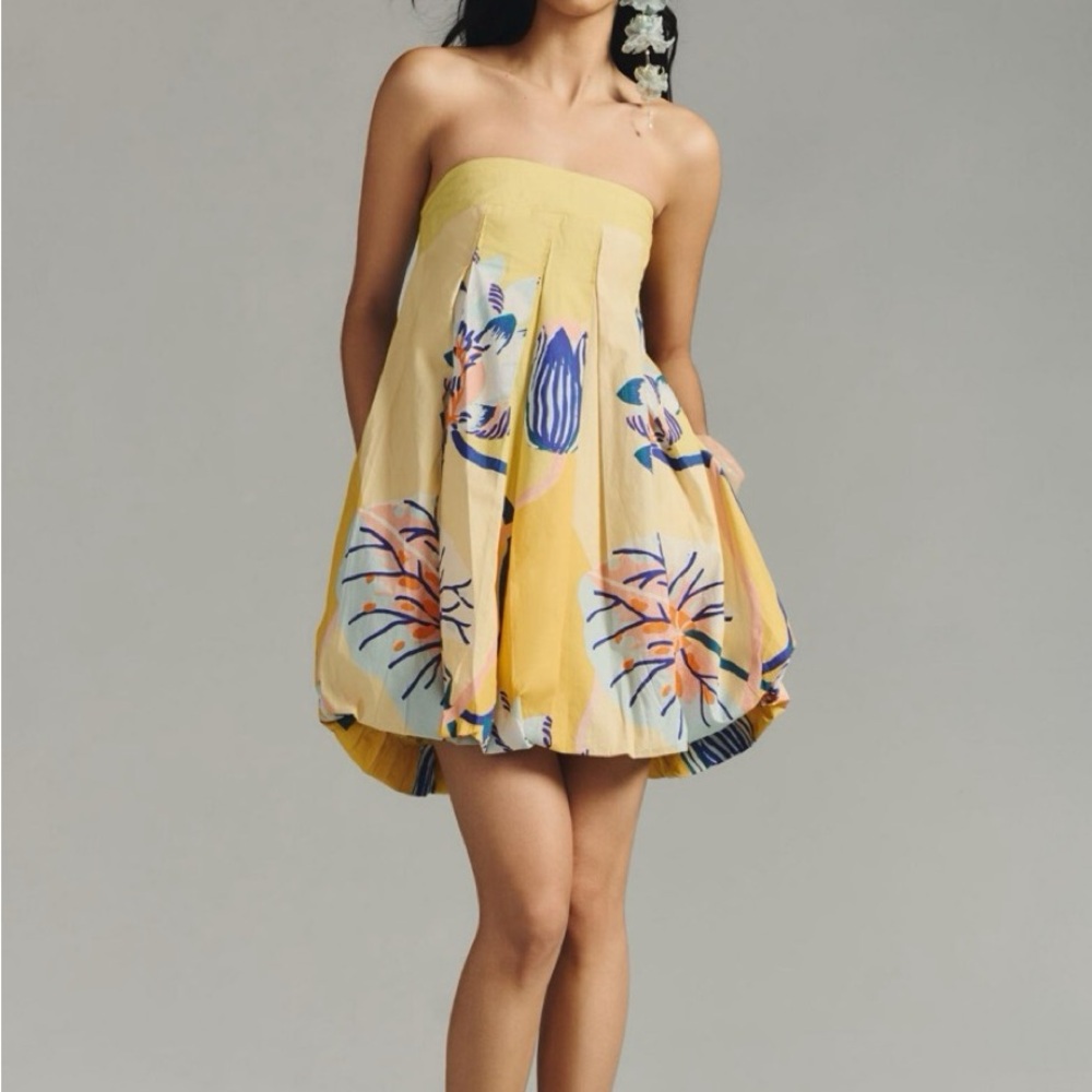 Anthropologie Yellow Floral Strapless Midi Dress
